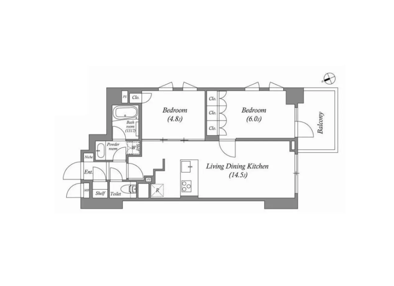 - 2LDKの間取り図、各部屋の広さや配置を示す詳細な設計図、バルコニー付きの住居デザイン