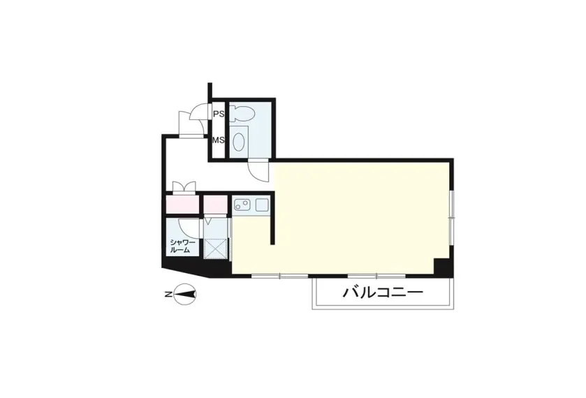 - 1LDKの間取り図、バルコニー付き、シャワールームとトイレがあるシンプルなレイアウト
