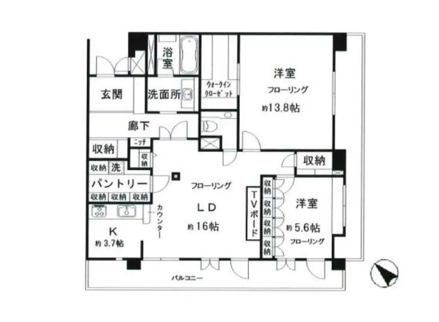 - 平面図、リビングダイニング約16帖、洋室2部屋、キッチン、浴室、洗面所、収納スペースを含む間取りの詳細表示