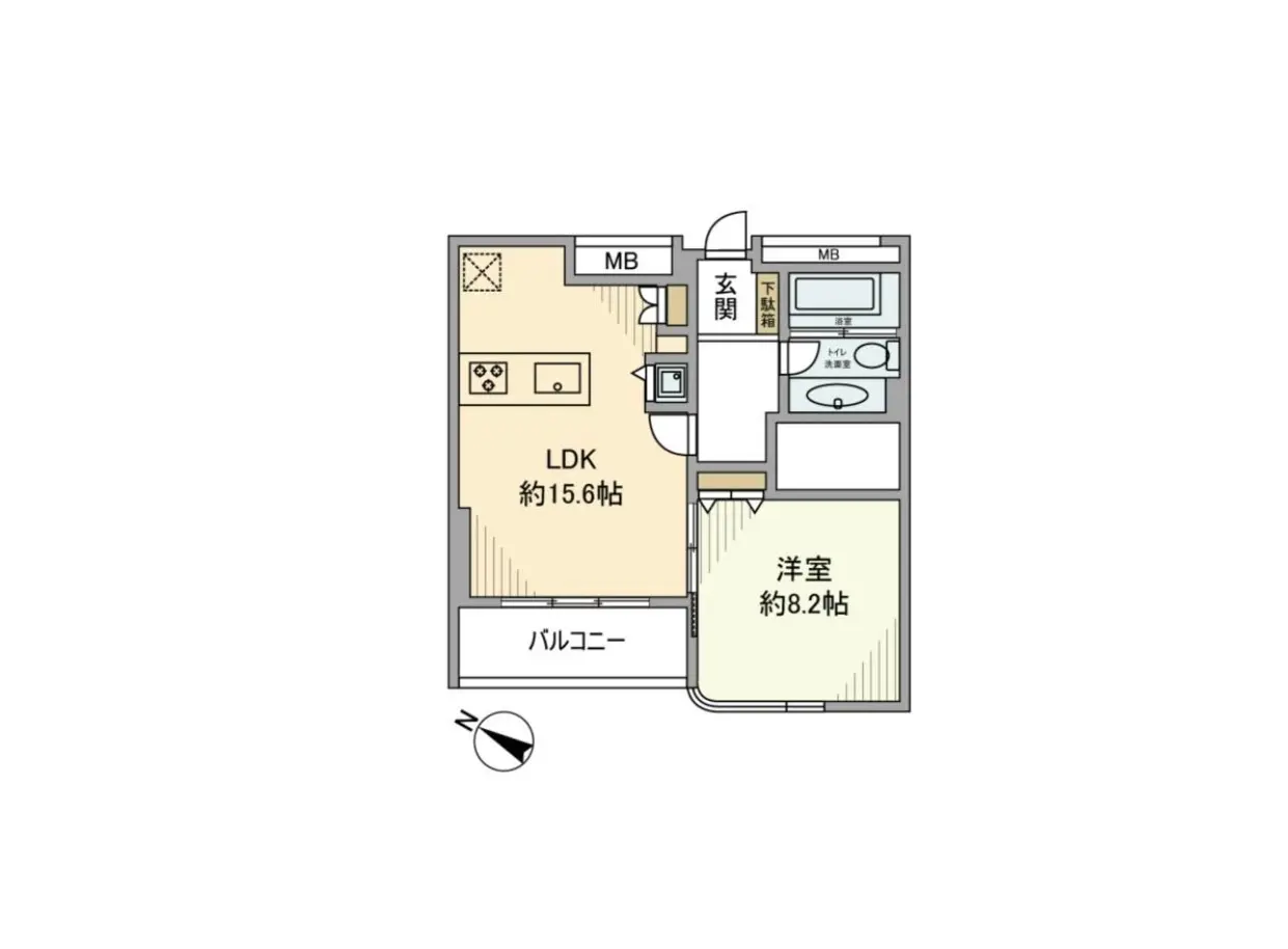 - キッチン、LDK、洋室、バルコニーを含む間取り図、各部屋の面積が表示されている詳細なレイアウト
