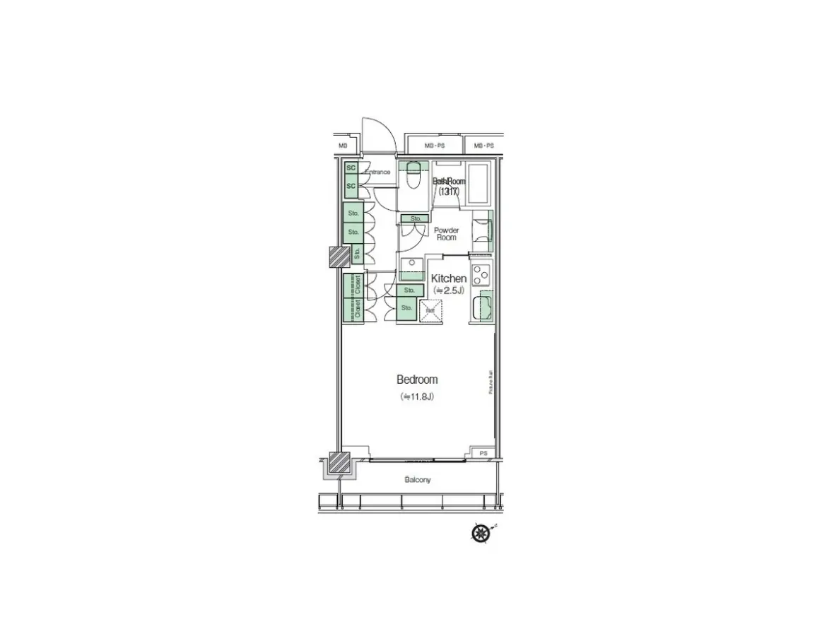 - コンパクトな間取り図、寝室、キッチン、バスルーム、バルコニーを含む居住空間のレイアウト