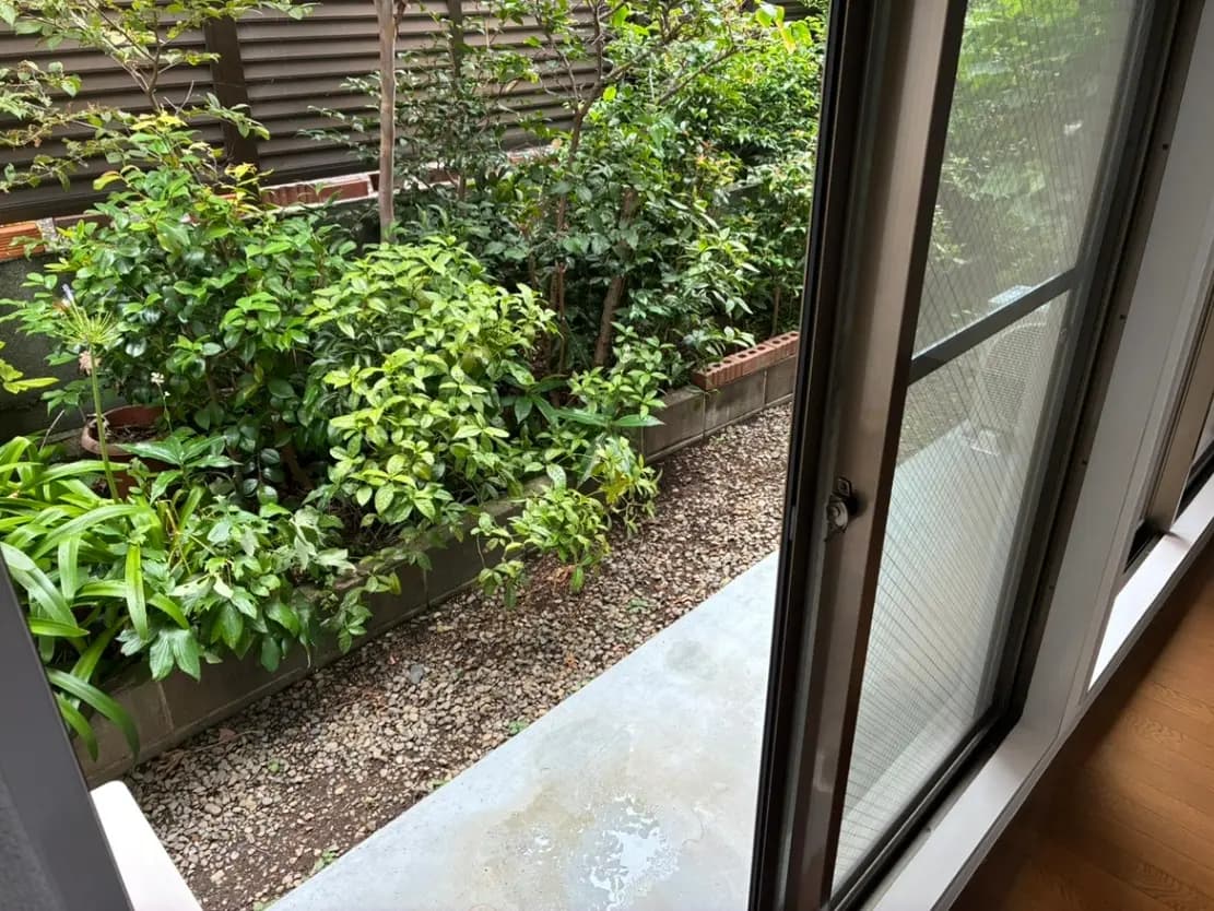 - 窓から見える手入れの行き届いた庭、緑豊かな植栽と石畳の小道が特徴