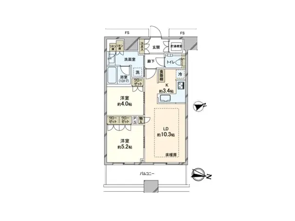 - 2LDKの間取り図、リビングダイニング約10.3畳、洋室2部屋（約4.0畳と約5.2畳）、キッチンと洗面所、バルコニー付きのレイアウト