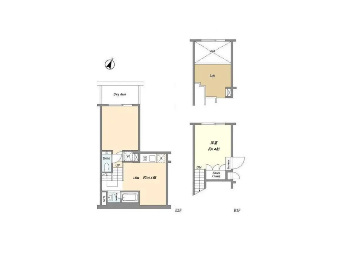 - 二階建て住宅の間取り図、LDK約14.6帖、洋室約6.4帖、トイレと乾燥スペース付きの設計