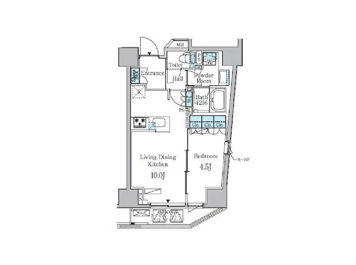 - 1LDKの間取り図、リビングダイニングキッチンが10帖、寝室が4.5帖で洗面所や浴室が配置されている設計図