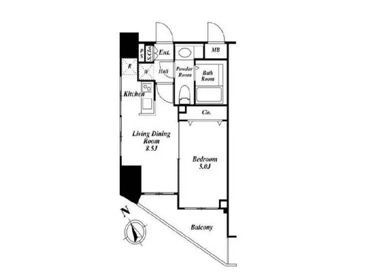 - 1LDKの間取り図、キッチン、リビングダイニングルーム、バルコニー、寝室と洗面所が描かれた住宅プラン