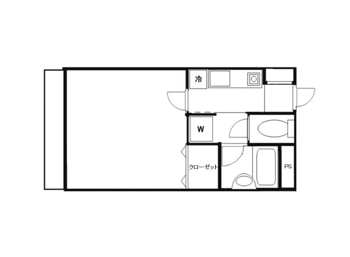 - コンパクトな間取り図、冷蔵庫や洗面所、クローゼットを含むシンプルなデザインの住宅プラン