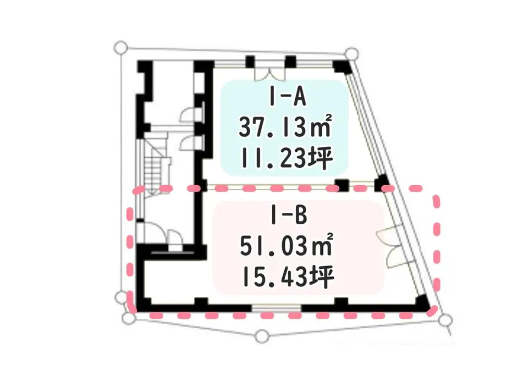 - 部屋の面積と配置を示す間取り図、I-Aは37.13㎡（11.23坪）、I-Bは51.03㎡（15.43坪）