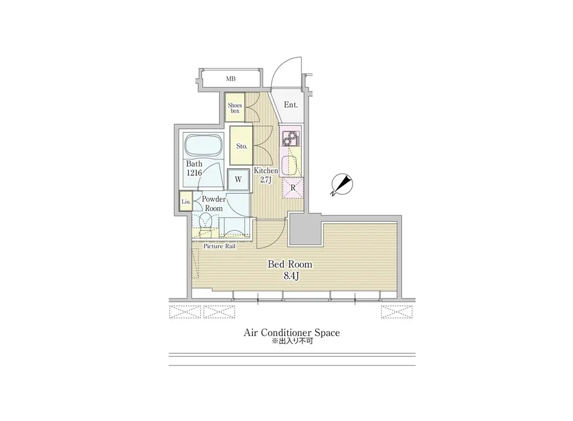 - 1K間取り図、キッチン2.7畳、ベッドルーム8.4畳、バスルームと洗面所を含む住居設計図
