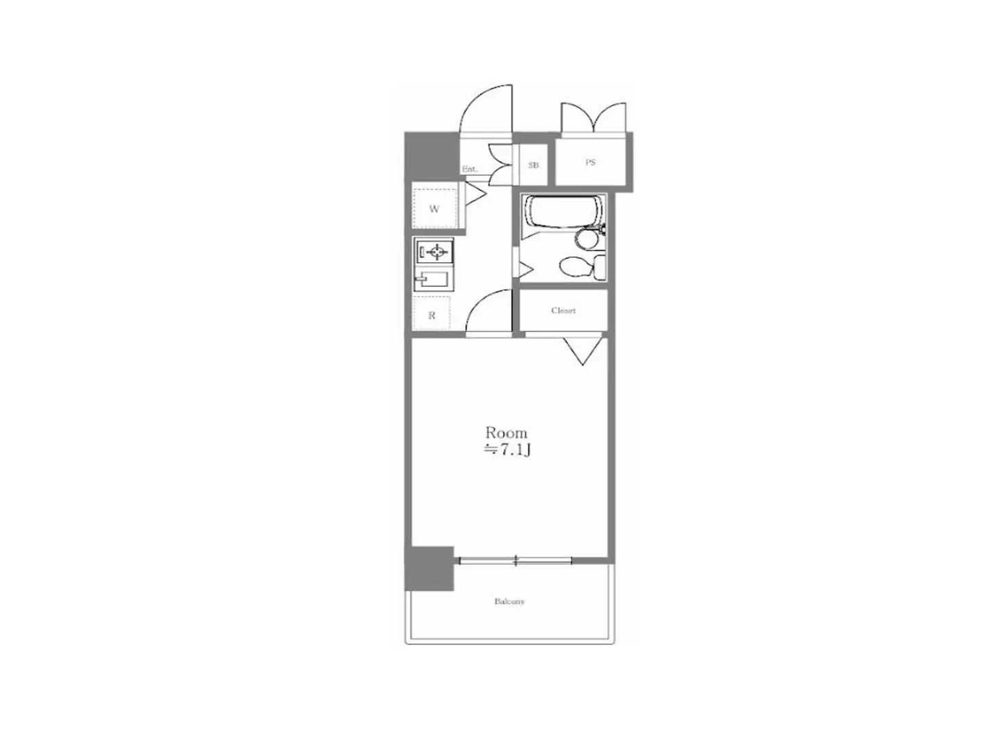- 1Kタイプの間取り図、広さ約7.1畳の居室、バルコニー付き、トイレと浴室が隣接したデザイン