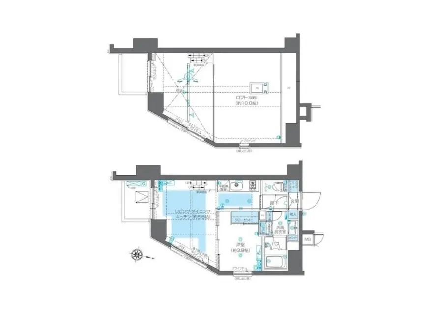 - 2階建ての住宅の間取り図、リビングダイニングとキッチン、寝室、バスルーム、収納スペースを含む詳細なレイアウト