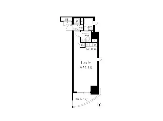 - スタジオタイプの間取り図、バルコニー付きで、キッチン、バスルーム、トイレのレイアウトが示されたデザイン