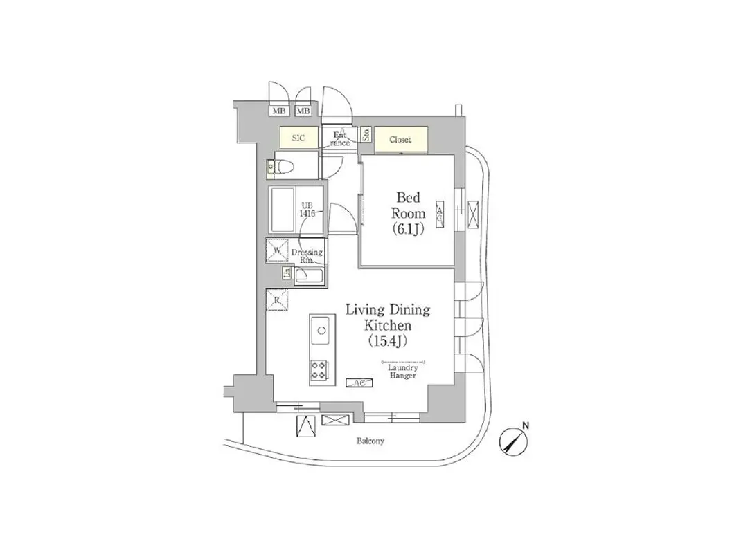 - 1LDKの間取り図、リビングダイニングキッチン、寝室、洗濯機置き場や納戸を含む設計