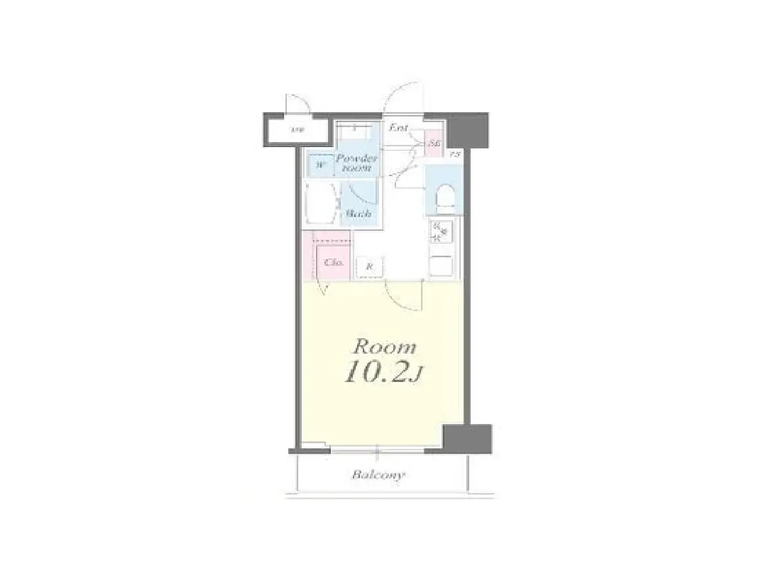 - 10.2畳の間取り図、バルコニー付きの居室と洗面所、バスルーム、収納スペースが配置されたモダンなアパートメント設計