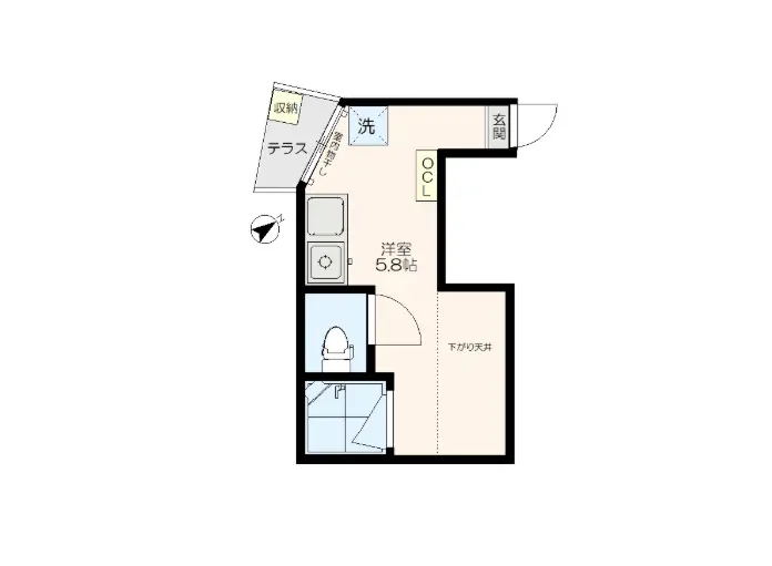 - 洗面所、洋室5.8帖、トイレ、玄関、テラスの間取り図でシンプルな設計を示すレイアウト
