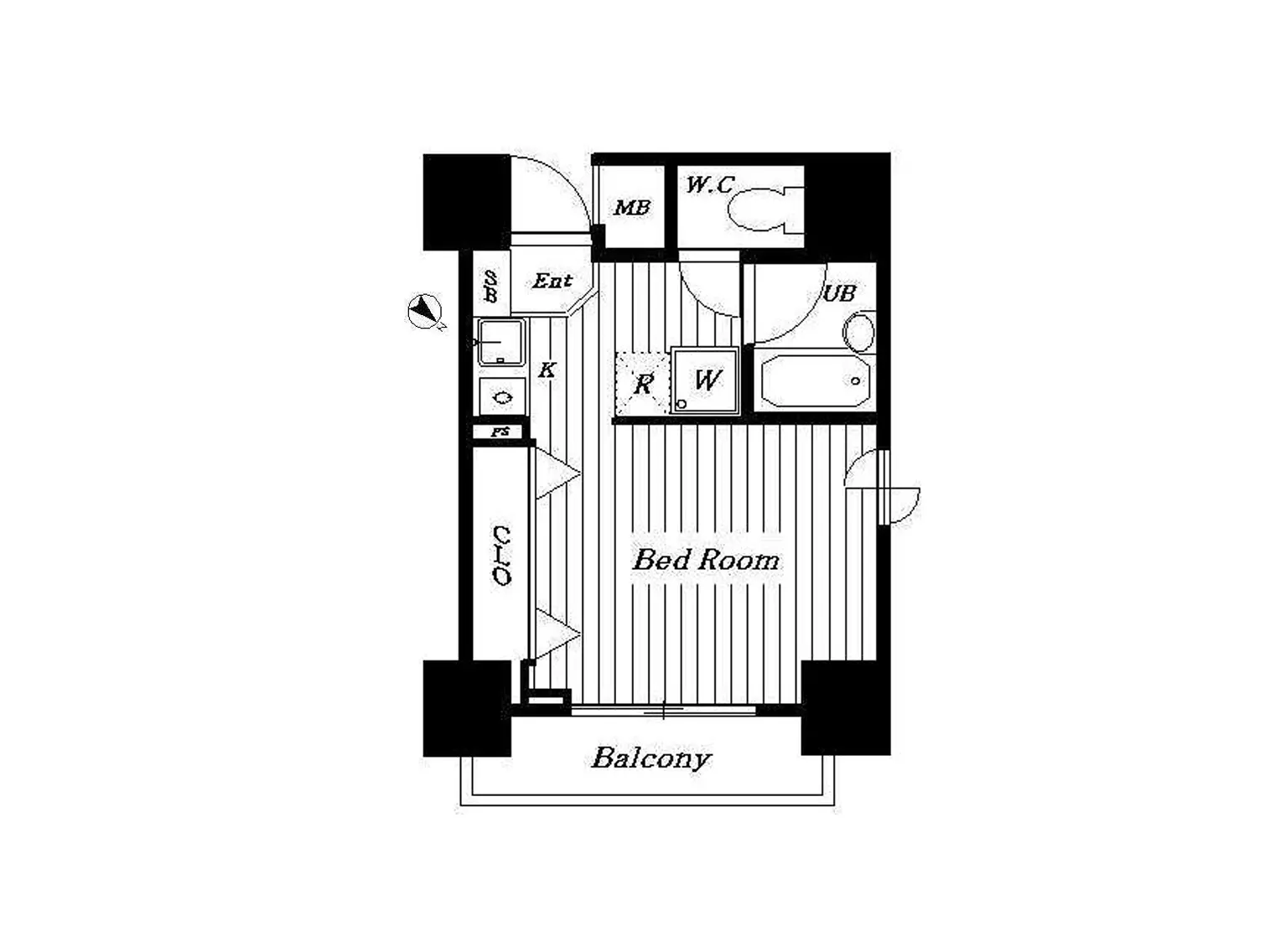 - 間取り図、ベッドルーム、バルコニー、洗面所、クローゼットの配置が示された住宅のインテリアレイアウト