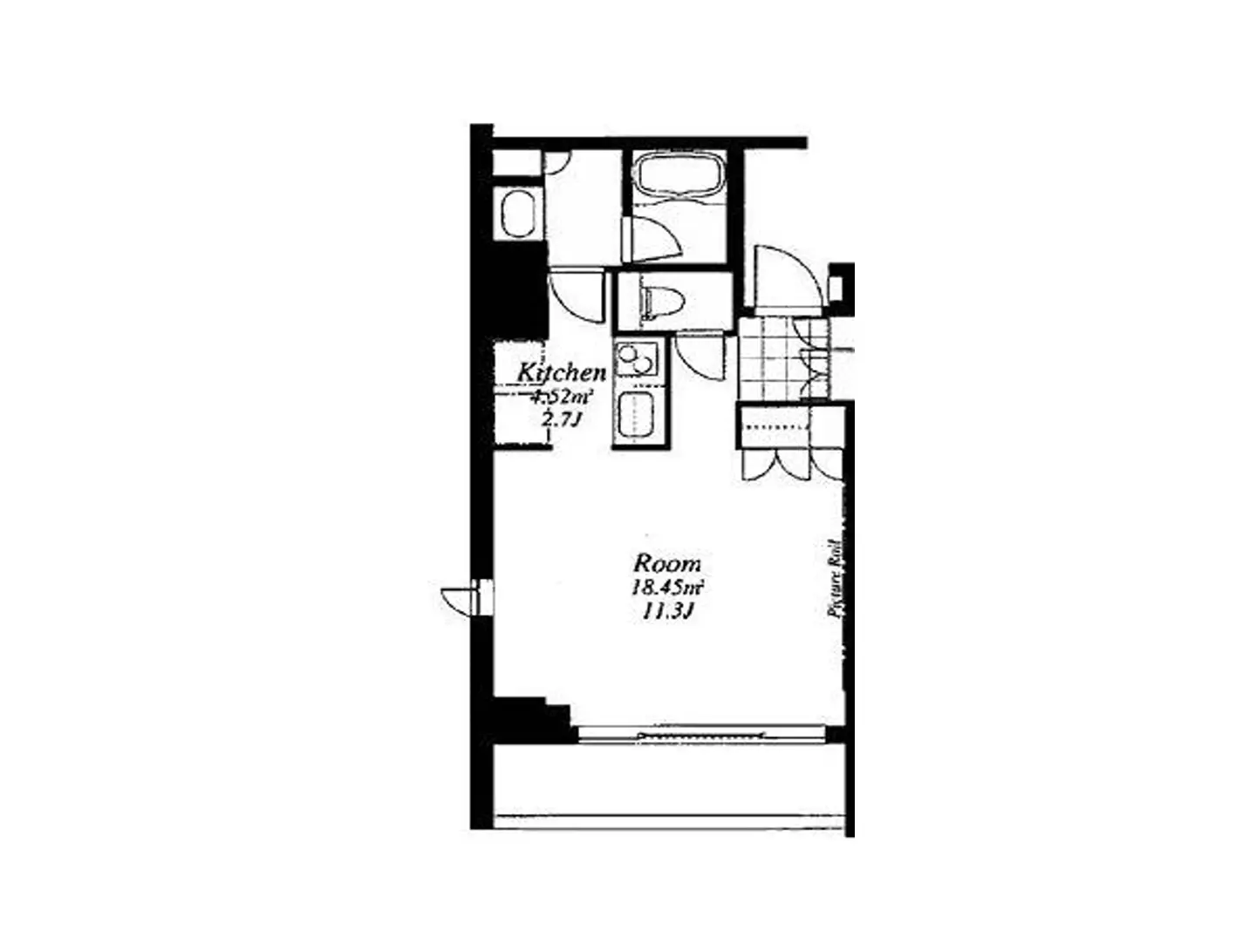 - キッチンと居間を含む間取り図、広さが明記された部屋の寸法が描かれた住宅設計図