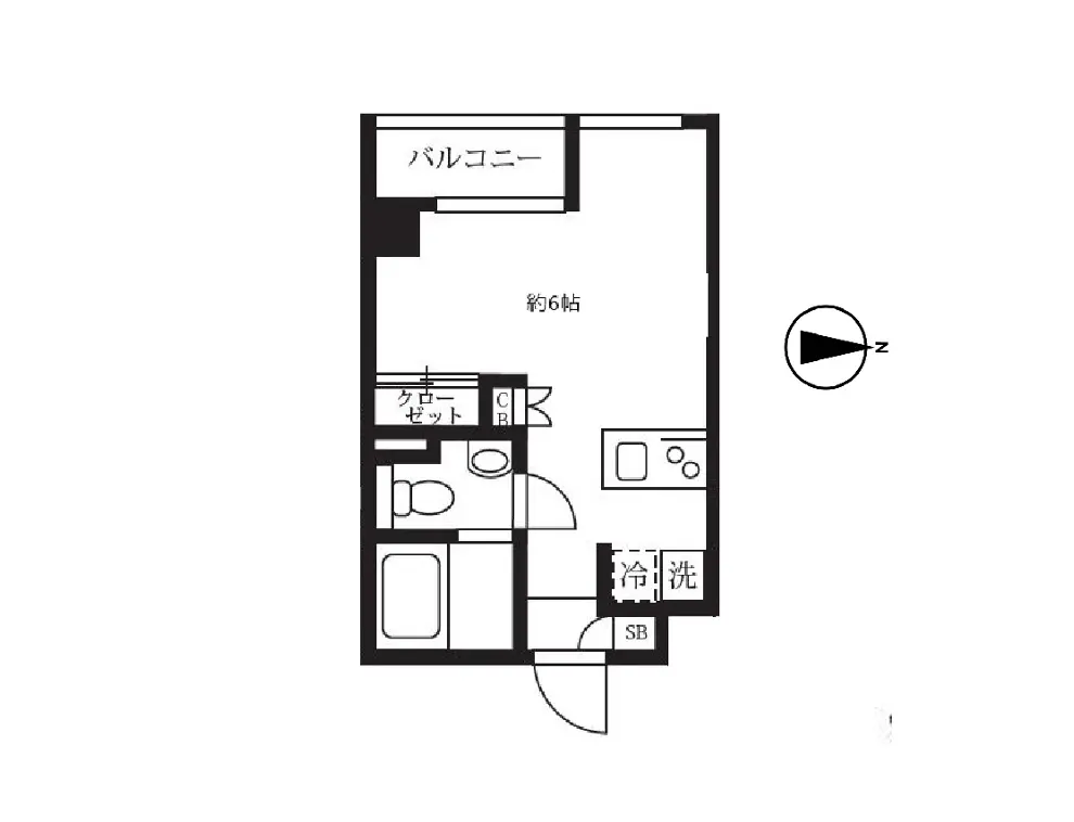 - 約6畳の居室を含む間取り図、バルコニー、キッチン、トイレ、洗面台が配置されたシンプルな一人暮らし向けプラン