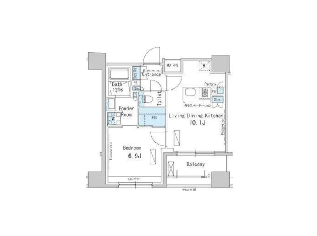 - 2LDKの間取り図、リビングダイニングキッチン、バルコニー、寝室、浴室、洗面所、トイレの配置が明示された設計図