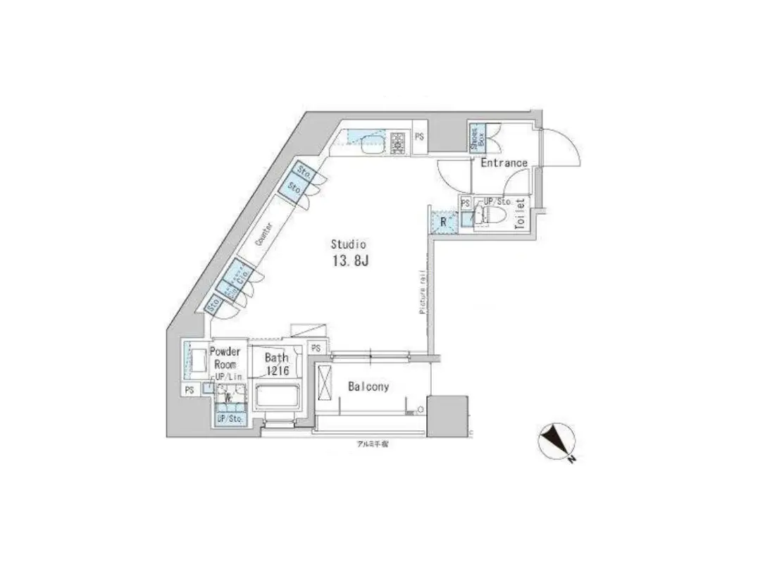 - スタジオタイプの間取り図、広さ13.8畳、バスルーム、パウダールーム、バルコニーを含むレイアウト