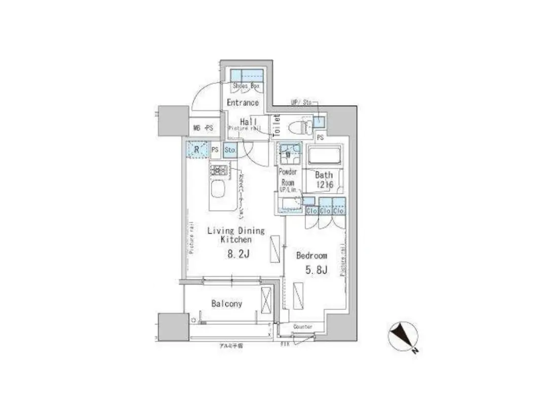 - シンプルで使い勝手の良い間取り図、リビングダイニングキッチン、バルコニー、寝室、バスルームを含む家のレイアウト