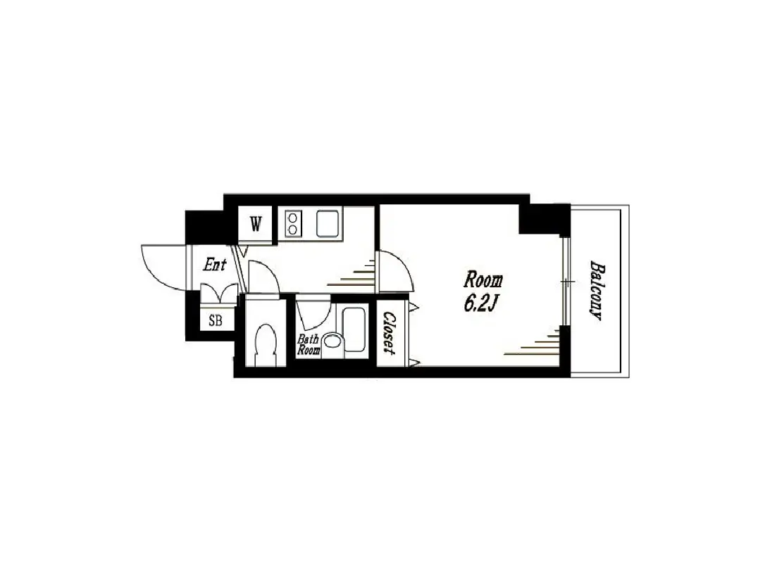 - 6.2畳の部屋、バスルーム、クローゼット、エントランス、バルコニーを含む間取り図