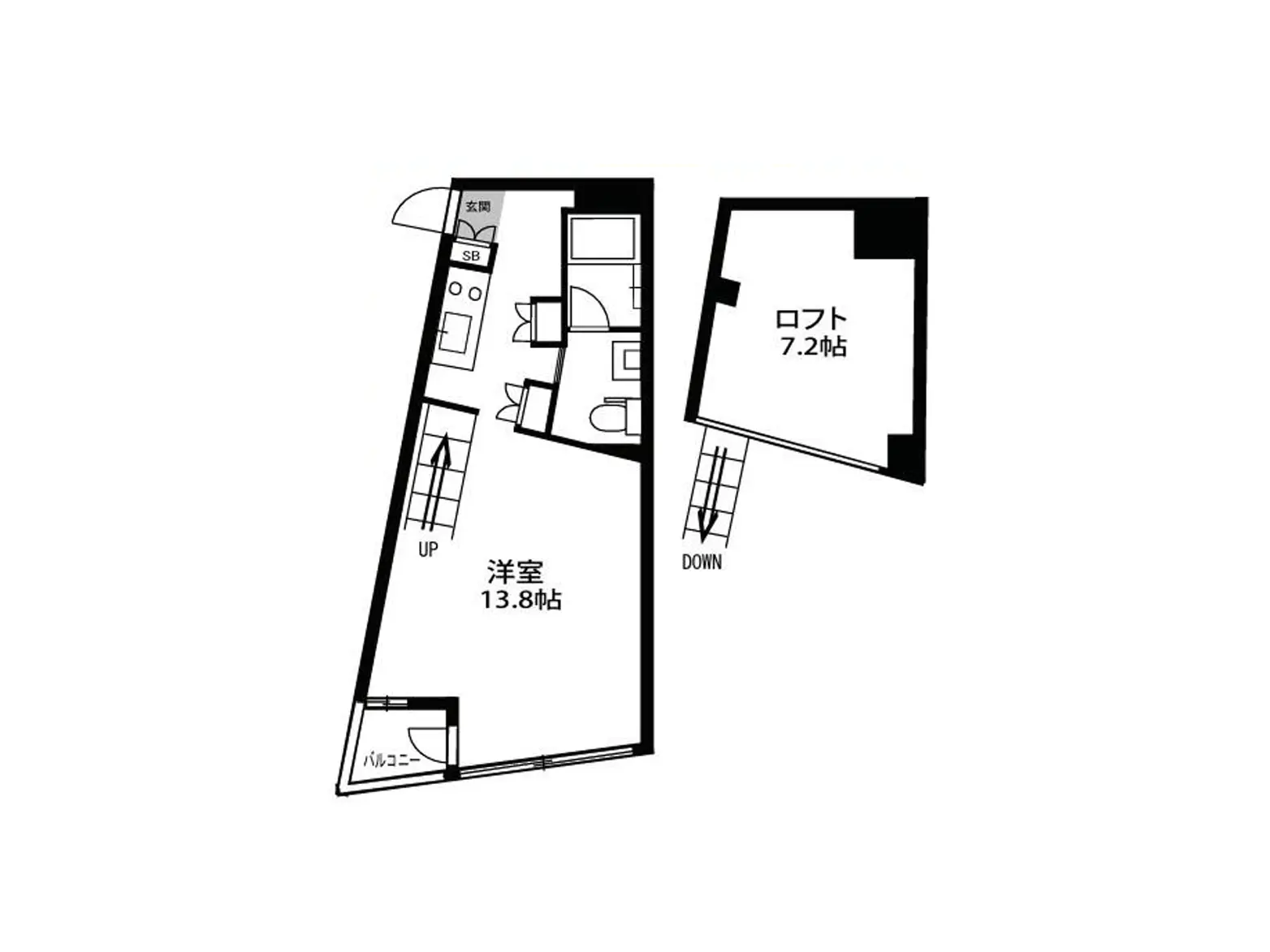 - 13.8帖の洋室と7.2帖のロフトが設けられた住宅の間取り図、階段動線やバルコニーが記載されたレイアウト
