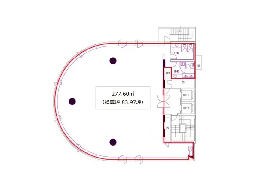 - 277.60㎡の広さを示す間取り図、特殊な形状を持つ部屋の配置が描かれている設計図