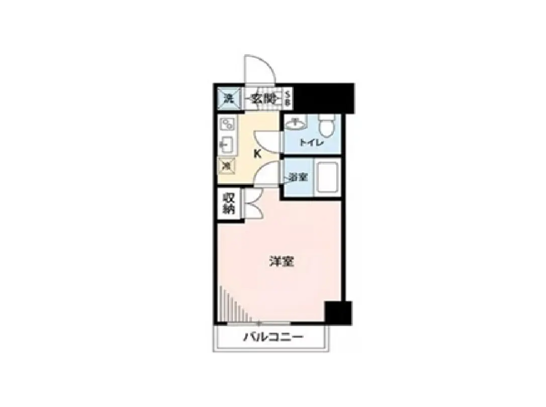 - ワンルームマンションの間取り図、キッチン、トイレ、浴室、バルコニーを含む配置図