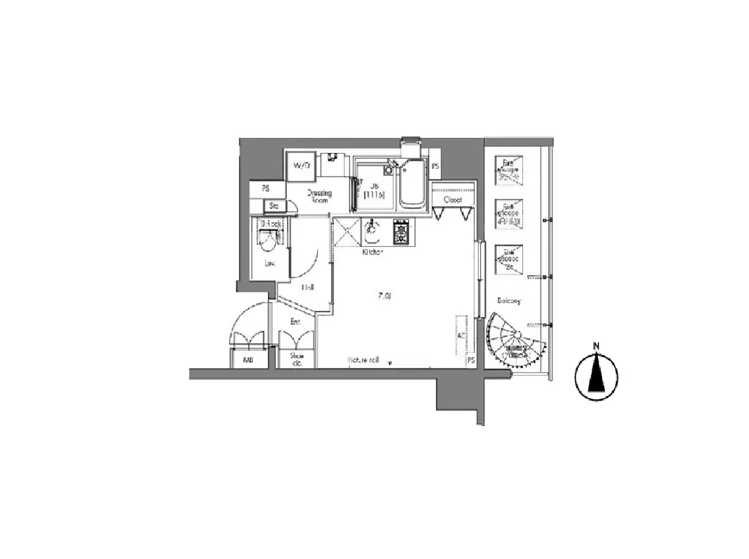 - コンパクトな間取りの住宅プラン、キッチン、リビング、寝室、バルコニーが配置されたレイアウト図