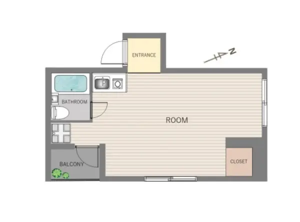 - バルコニー付きの間取り図、居間、バスルーム、クローゼット、入り口の配置を示すシンプルなレイアウト