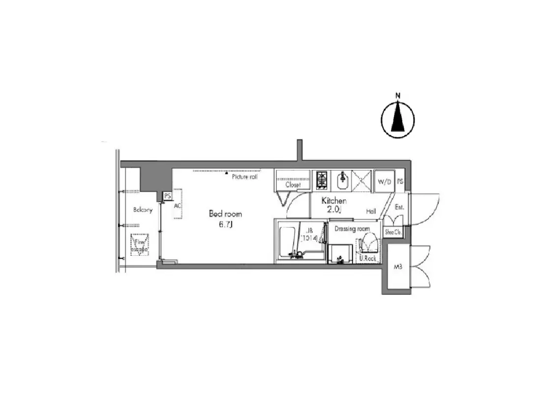 - 1LDKの間取り図、キッチン、寝室、ドレッシングルーム、バルコニーを含む小型住宅のレイアウト
