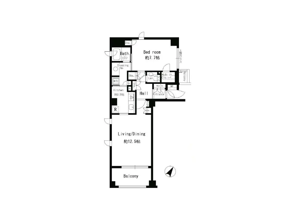- 間取り図、1LDKの住宅、リビング・ダイニング約12.5畳、寝室約7.7畳、バルコニーと各部屋の配置が示された設計図
