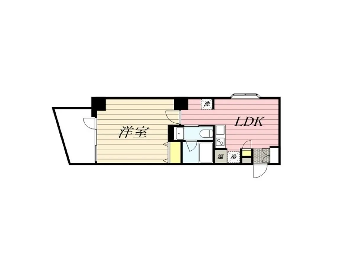 - LDKと洋室を含む間取り図、キッチンと洗面所の配置が示されたシンプルなデザインの図面
