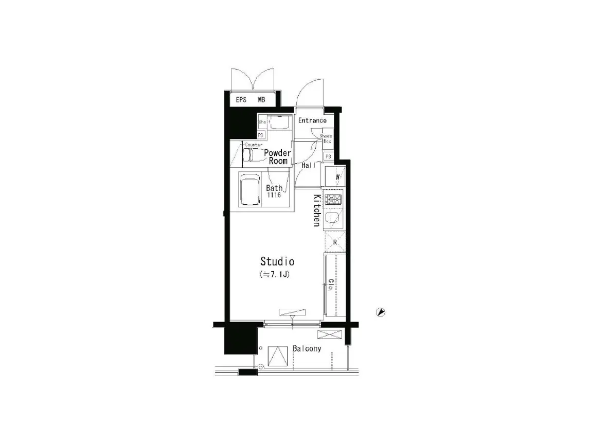 - スタジオタイプの間取り図、入口、洗面所、浴室、キッチン、バルコニーを含む設計
