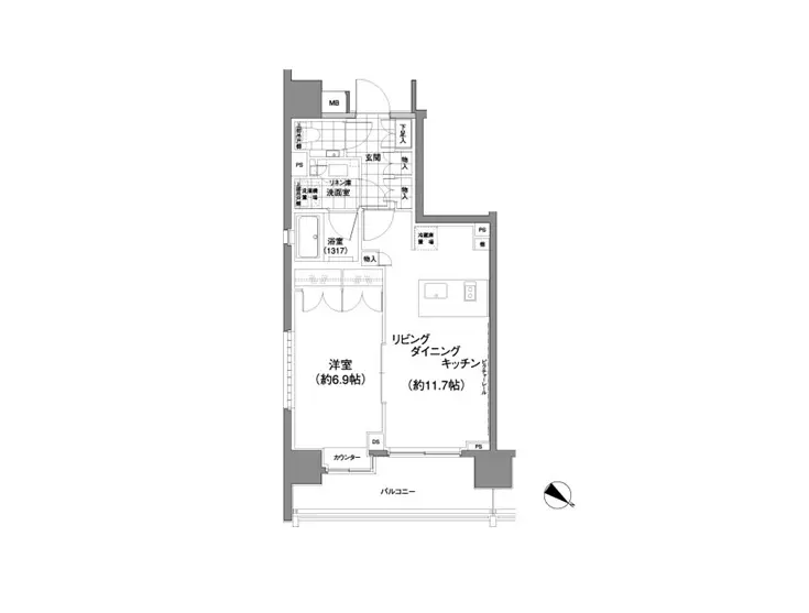 - 2LDKの間取り図、洋室約6.9畳とリビングダイニングキッチン約11.7畳を含む住宅レイアウト