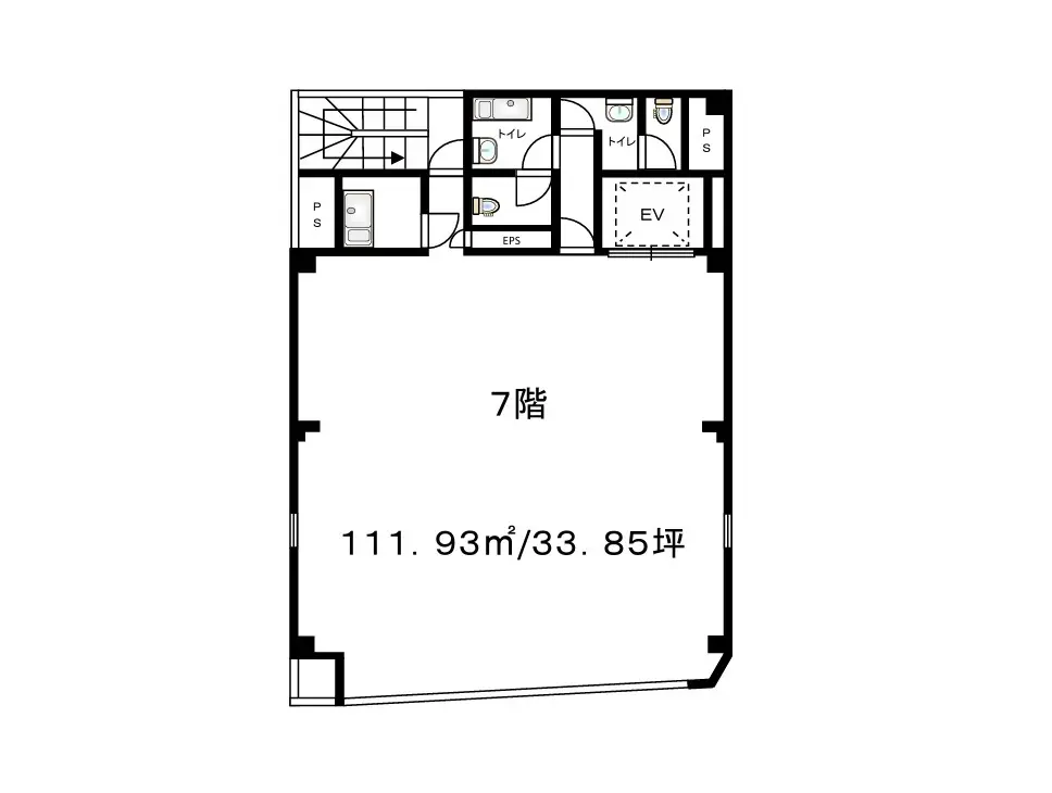 - 7階の間取り図、面積111.93㎡（33.85坪）、トイレ、エレベーター、収納スペースを含む部屋割り
