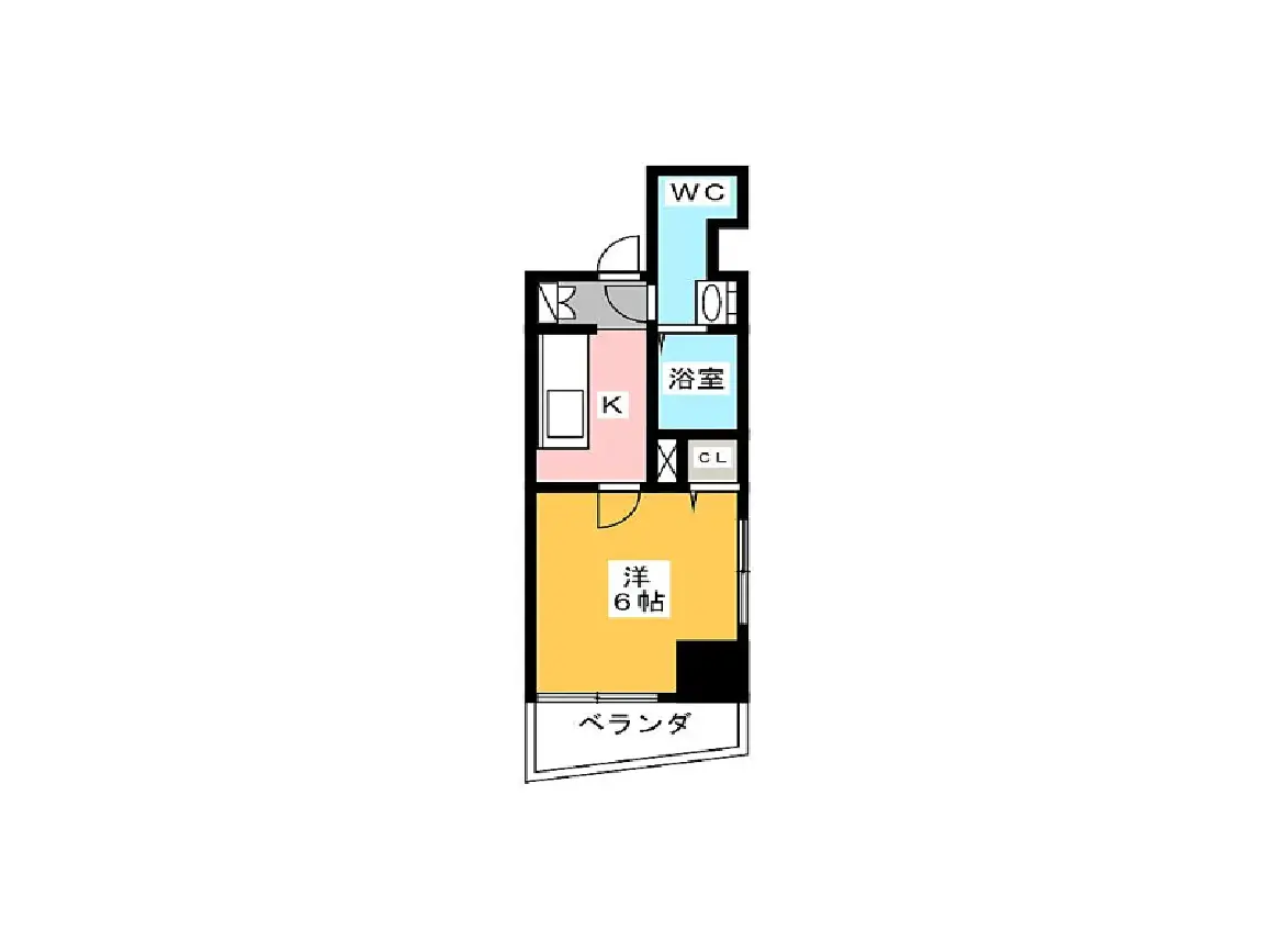 - 1Kタイプの間取り図、6帖の洋室、浴室、トイレ、クローゼットを含むレイアウト