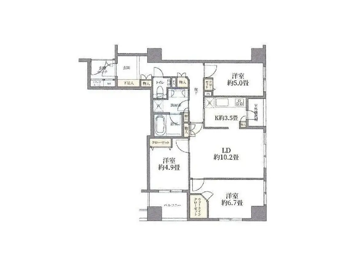 - 2LDKの間取り図、リビングダイニング約10.2帖、洋室各約4.9帖、5.0帖、6.7帖、キッチン約3.5帖を含む詳細なレイアウト