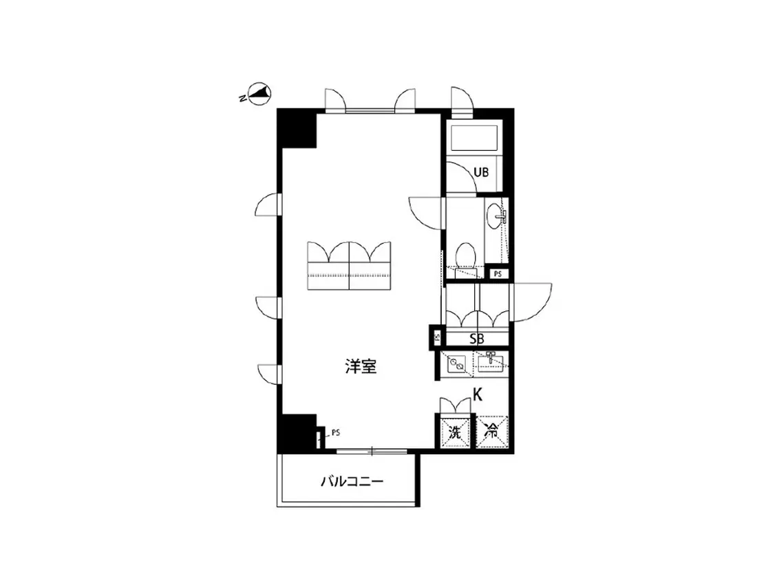 - 洋室、バルコニー、ユニットバス、洗面所、トイレを含む間取り図の上面図
