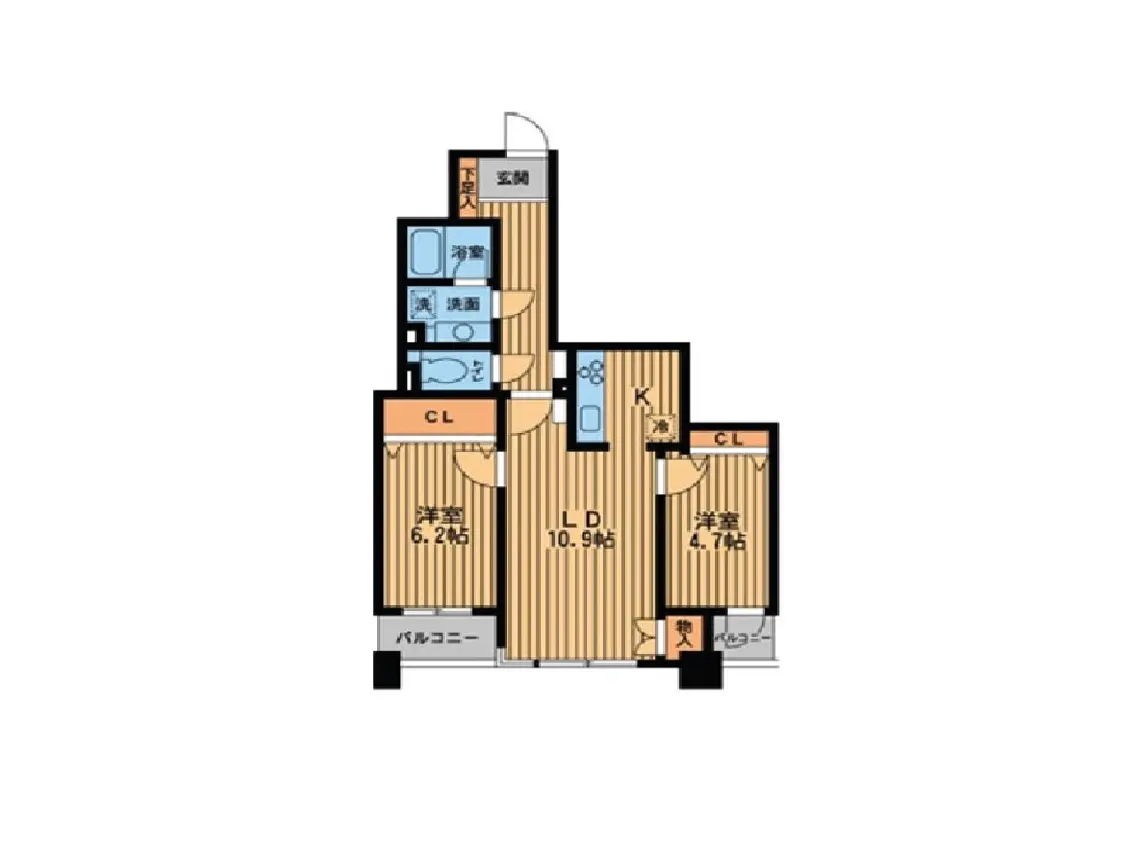 - 3LDKの間取り図、リビングダイニングとキッチンが隣接し、バルコニーへのアクセスがある配置の設計図