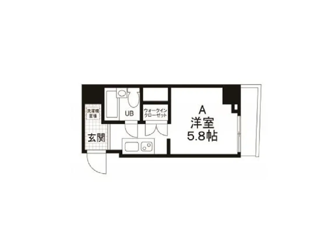 - 5.8帖の洋室、ウォークインクローゼット、ユニットバス、玄関スペースを含む間取り図