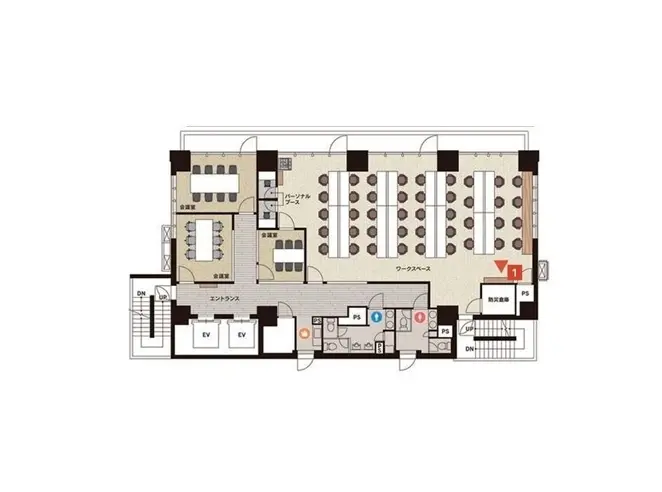 - オフィスのフロアプラン、ワークスペース、ミーティングルーム、休憩エリアが配置されたレイアウト図