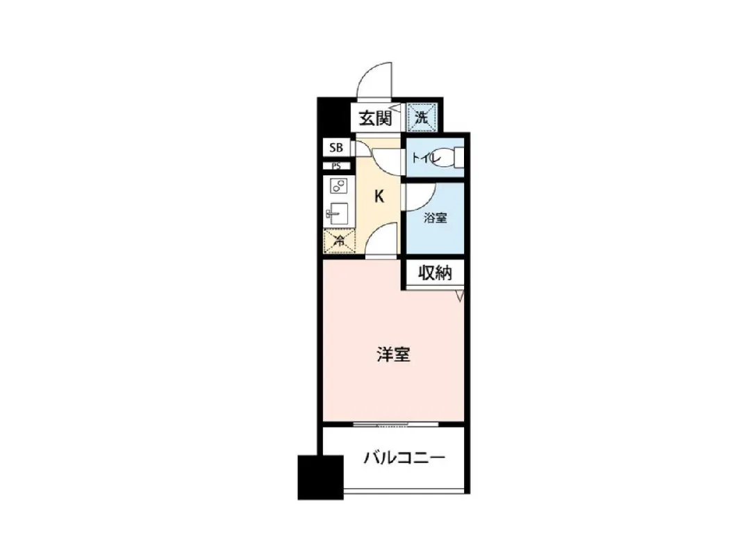 - シンプルな間取り図、玄関、キッチン、バスルーム、収納、洋室、バルコニーを含む部屋の配置を示した図面