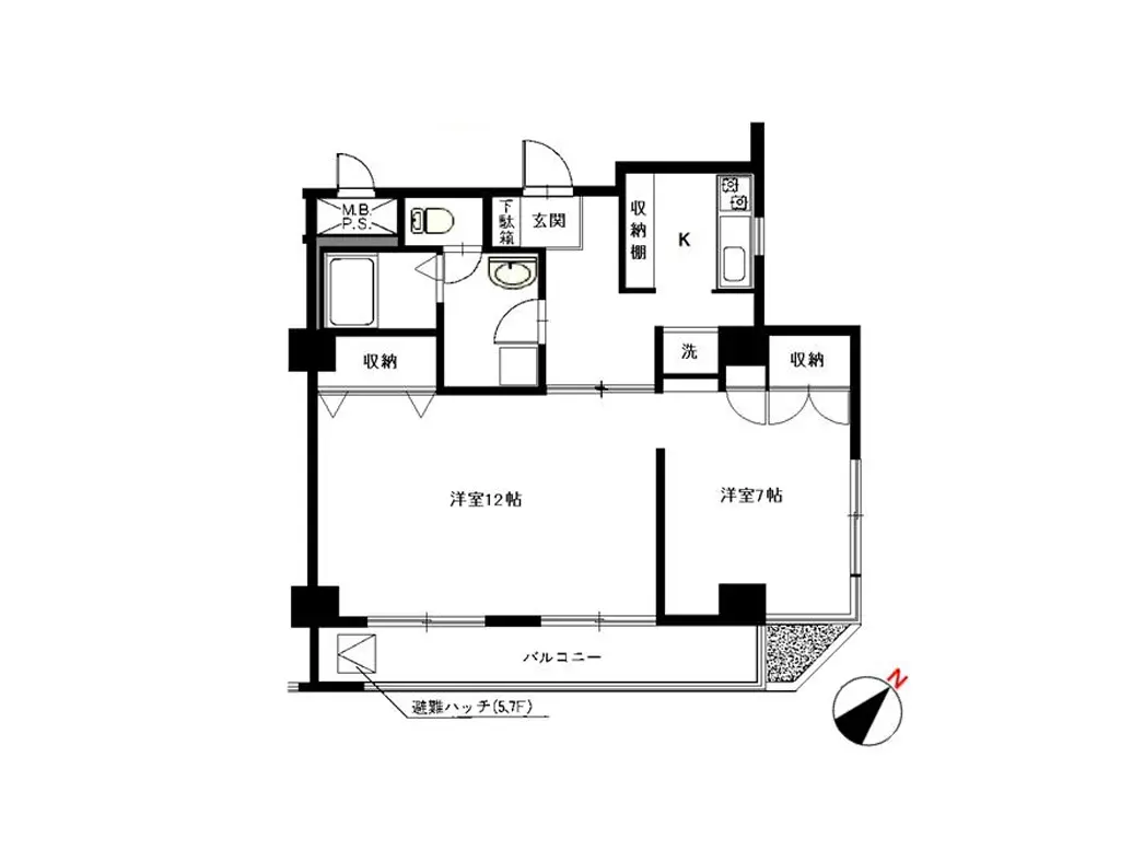 - 2LDKの間取り図、リビングダイニング、洋室12帖と洋室7帖、収納スペース、バルコニー付きのレイアウト
