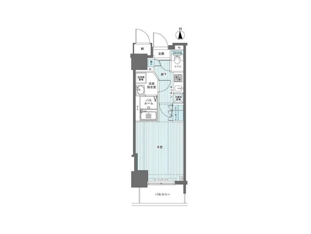 - 1LDKの間取り図、広々としたリビングダイニング、スタイリッシュなキッチン、独立したバスルームとトイレが配置された設計