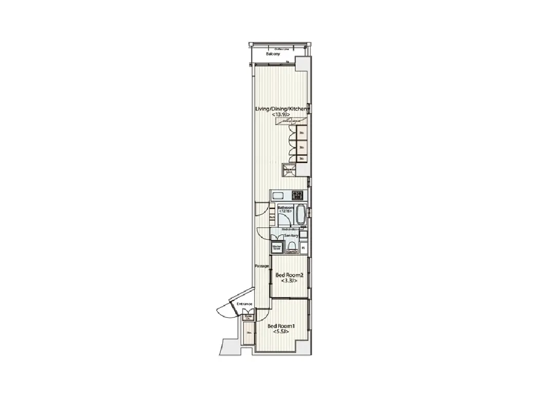 - コンパクトな間取りの住宅図面、リビングダイニングキッチン、2つの寝室、バスルームとバルコニーを含むレイアウト