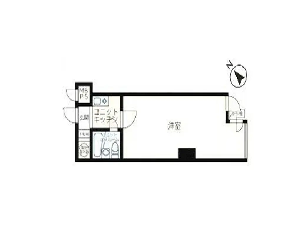 - 窮屈さのない一人暮らし向けの間取り図、洋室とユニットキッチン、洗面所を含む配置の図面