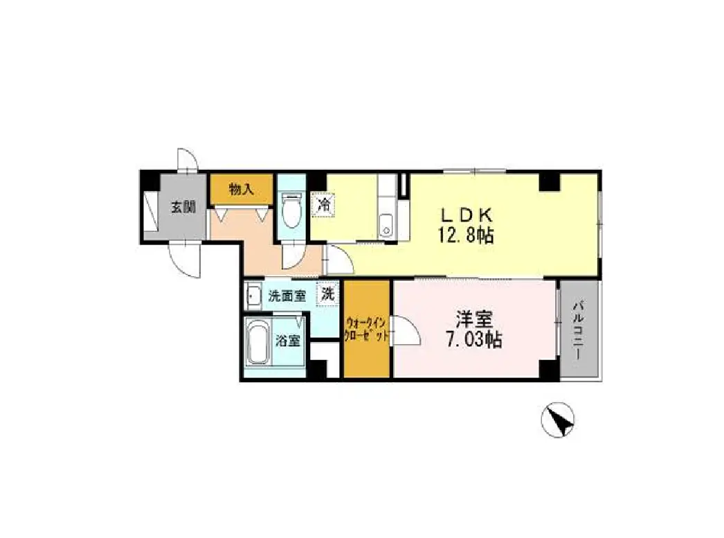 - LDK 12.8帖、洋室 7.03帖、バルコニー、収納スペース、洗面室を含む間取り図の平面図