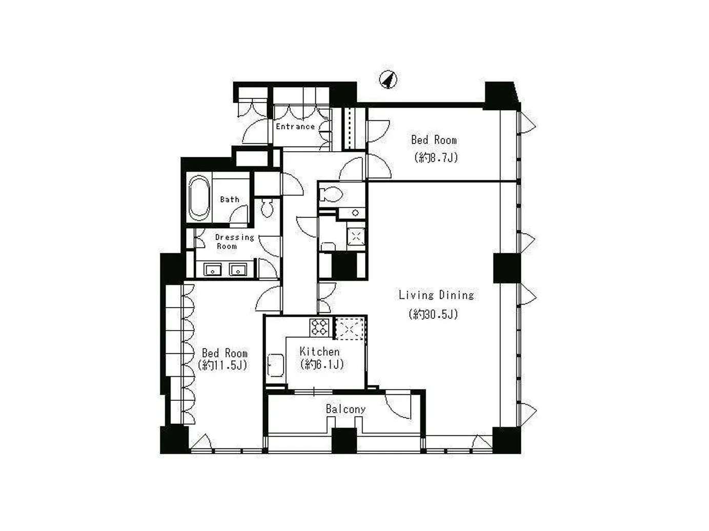 - 4LDKの間取り図、リビング・ダイニング、キッチン、バスルーム、ドレッシングルーム、バルコニーを含む住宅設計